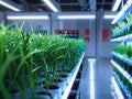 Futuristic indoor farm with plants under LED lights [GenerativeAI] Royalty Free Stock Photo